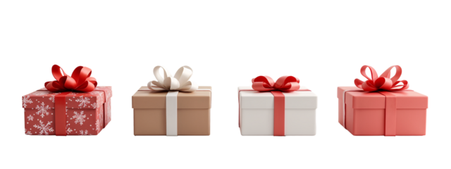A row of four wrapped presents with red and white ribbons.