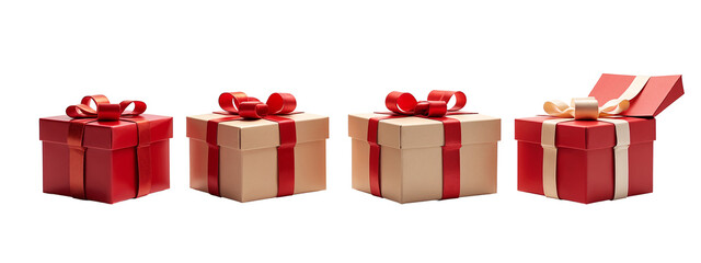 A set of four red and beige gift boxes with red ribbons and bows.