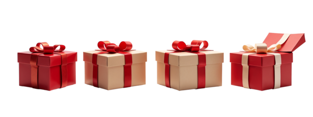 A set of four red and beige gift boxes with red ribbons and bows.