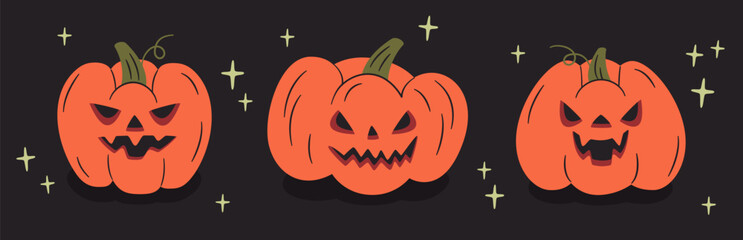 Halloween carved pumpkins. Cartoon pumpkin jack-o-lanterns, scary Halloween decorations flat vector illustration set. Evil pumpkin faces