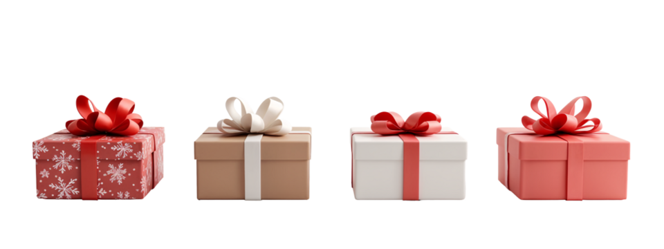 A row of four wrapped presents with red and white ribbons.