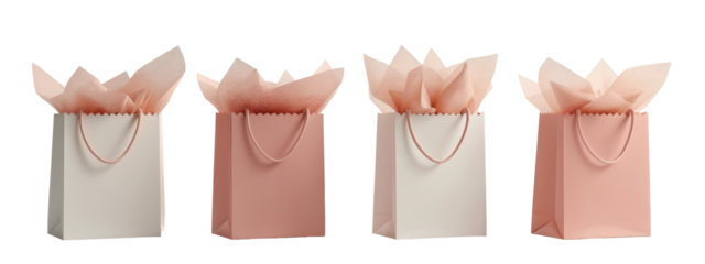 A set of four white and pink paper bags with handles.