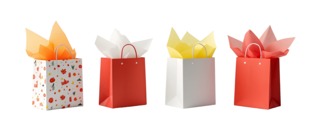 A group of three different colored paper bags with handles.