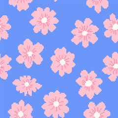 Pixel art colorful flowers vector seamless pattern, 8-bit retro video game cute design. Flat vector illustration for backgrounds, textile, social media, design