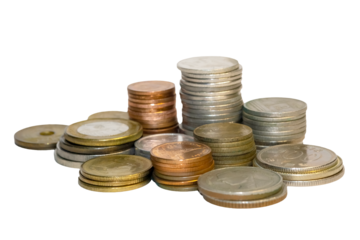 Stacks of coins isolated, on transparent background.
