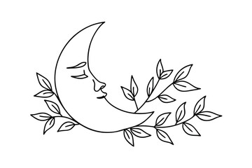 Elegant crescent moon design with botanical elements in minimalist black and white style