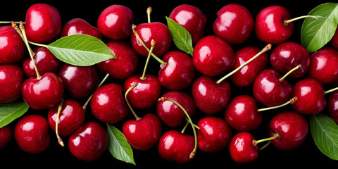 Fresh cherries arranged neatly with stems and green leaves placed on dark background