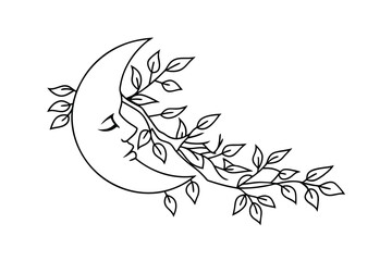 Celestial moon face embellished with leaves in minimalist black and white design