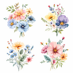 Wild flowers set, watercolor digital illustration.