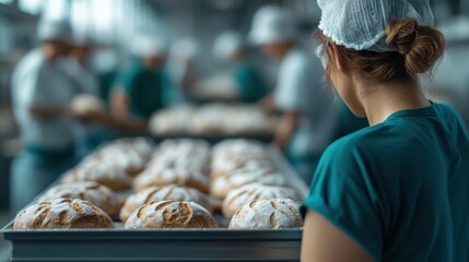 The image captures a focused baker in a bustling bakery, surrounded by freshly baked artisanal breads, showcasing the hard work and passion behind baking.