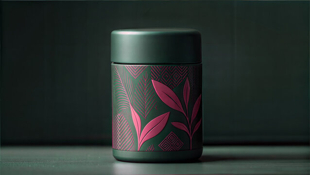 Green container with pink leaf pattern design on a dark background