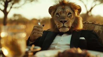 A surreal image of a lion dressed in a tuxedo, dining elegantly in a lavish outdoor setting, symbolizing confidence, luxury, and the unexpected twist of nature meeting refinement.