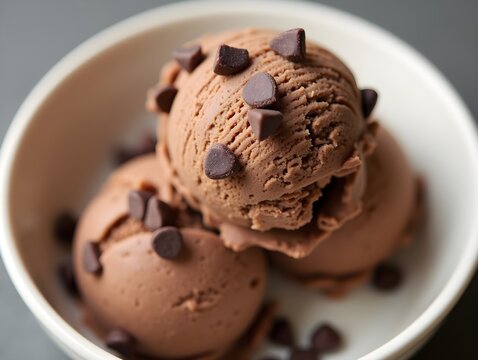 A close up shot of a bowl filled with chocolate ice cream and chocolate chips.