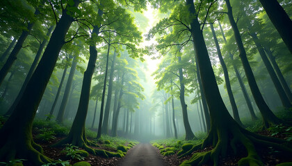 Obraz premium Walking Path Through Forest with Tall Trees and Morning Mist