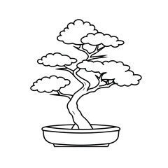 Simple black and white line art illustration of a bonsai tree in a ceramic pot