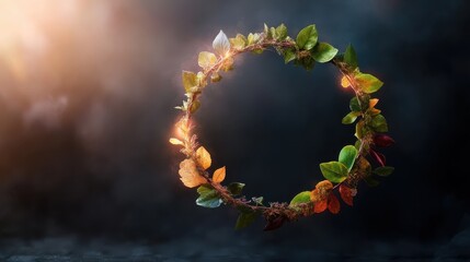 A beautifully arranged circular wreath made of vibrant leaves and natural elements, symbolizing harmony with nature and the beauty of the changing seasons in an artistic form.