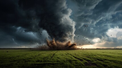 Obraz premium A tornado is blowing through a field of grass