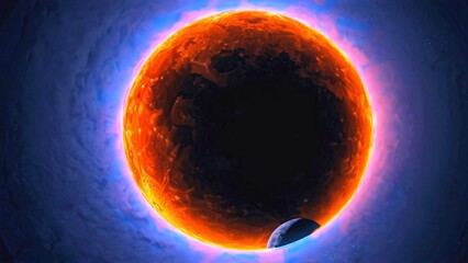 Eclipse glows with fiery red corona, dark planet shadow cuts light ring, eclipse repeats twice through cosmic tension and solar energy across electric sky gradient.