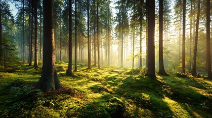 Sunlit Forest Path: Magical Sunrise in Lush Woodland