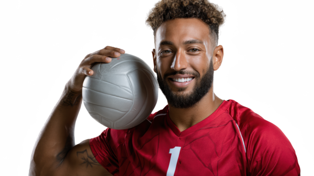 Volleyball Player Portrait: A vibrant portrait of a smiling volleyball player, showcasing his athletic build and the essence of sportsmanship and dedication.
