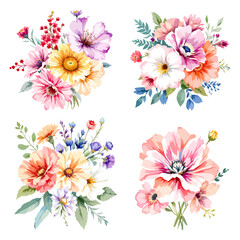 Flowers and leaves digital illustration, spring design, watercolor hand painting. Perfectly for printing, sublimation.