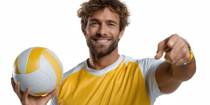 Volleyball Player Pointing: A cheerful athlete holds a volleyball and directs his finger towards the camera, exuding a lively, cheerful demeanor, embodying enthusiasm and athletic competition.
