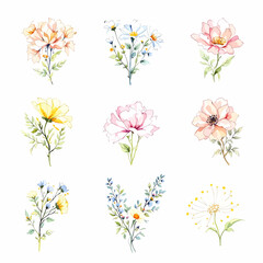 Flowers and leaves digital illustration, spring design, watercolor hand painting. Perfectly for printing, sublimation.