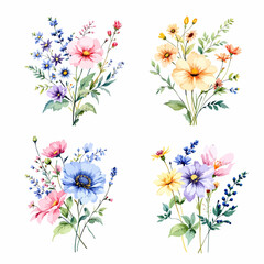 Flowers and leaves set, floral watercolor illustration for greeting card, invitation and other printing design. Isolated on white. Hand drawing. © Watercol