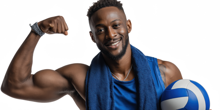 Strong Athlete Pose: A muscular young Black man smiles confidently, flexing his bicep while holding a volleyball, showcasing strength, fitness, and athleticism.