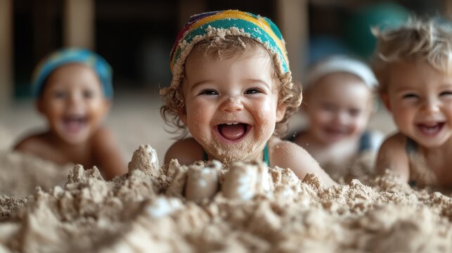 A joyful toddler plays in a sandbox surrounded by smiling friends, capturing the essence of childhood happiness, exploration, and the carefree nature of youth.