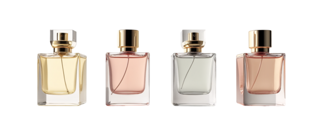 A set of four perfume bottles with different colors of perfume.