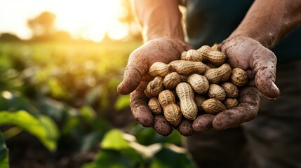 Hands covered in dirt hold freshly harvested peanuts, symbolizing agricultural labor, connection to the earth, and the rich rewards of hard work, emphasizing nature's bounty and sustenance.