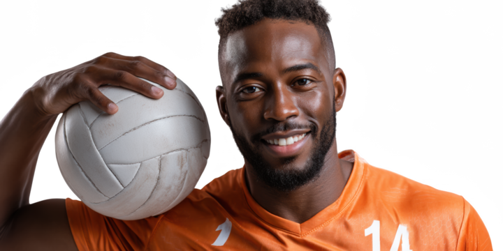 Smiling Volleyball Player with a Ball: Confident volleyball player holds the ball, radiating charisma, a strong athletic presence, in a dynamic capture of sportsmanship.