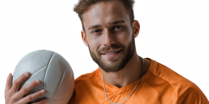 Volleyball Player Smiling Confidently : A fit, athletic individual, radiating health and determination, grips a volleyball, ready to serve, embodying the spirit of competition and the thrill of sport.