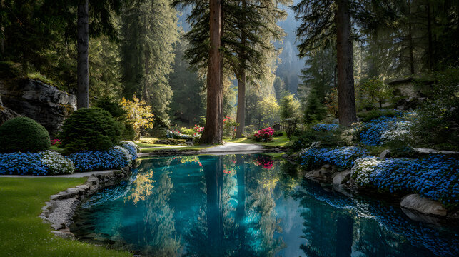 Idyllischer Waldgarten mit Teich und bunten Blumen &ndash; Naturparadies zum Tr&auml;umen
