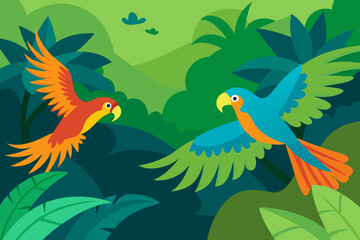 Two colorful parrots flying in lush tropical rainforest
