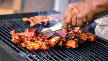 Traditional cuisine with grilled meat prepared by local chef on outdoor barbecue grill food meat grill bar-b-q skewer