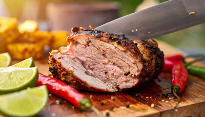 Traditional cuisine with grilled meat and local spices served with lime and chili wooden board food meat grill bar-b-q skewer