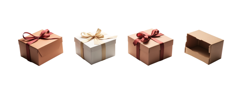 A set of three brown and white boxes with bows on them.