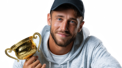 Champion's Pride: A confident individual, crowned with a baseball cap, beams with pride as they hold aloft a gleaming golden trophy, a symbol of their personal achievement.