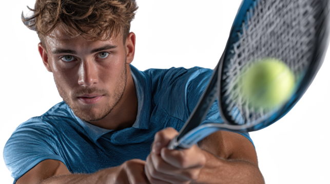 Tennis Player Focus: A young, determined tennis player intensely focuses on the ball, his racket poised for a powerful serve.  The image captures the dynamism and concentration of competitive tennis.