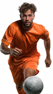 Dynamic Soccer Player: A determined soccer player, clad in vibrant orange attire, exhibits intense focus as he skillfully maneuvers the ball, a testament to athleticism and competition.