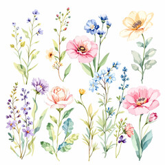 Flowers and leaves digital illustration, spring design, watercolor hand painting. Perfectly for printing, sublimation.