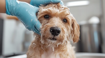 A delicate grooming session of a fluffy dog showcases tender care and affection, highlighting the importance of pet grooming and the special bond between pets and owners.
