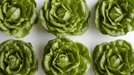 Fototapeta premium A high-resolution studio photograph of fresh green lettuce leaves, arranged neatly on a white backgr