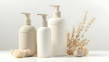 Cosmetic Bottles with Neutral Decor Still Life