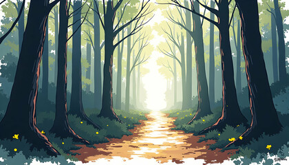 Walking Path Through a Dense Forest with Sunlight Streaming Through Trees