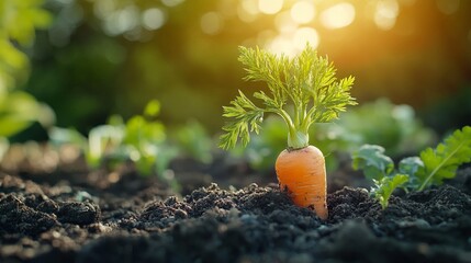 vibrant orange carrot with green leafy tops growing out of dark, rich soil in a garden, illuminated by soft sunlight in the background