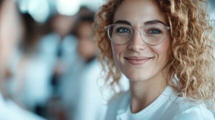 A cheerful woman with curly hair and glasses, exuding warmth and happiness, surrounded by a lively social atmosphere that radiates positivity and connection among people.