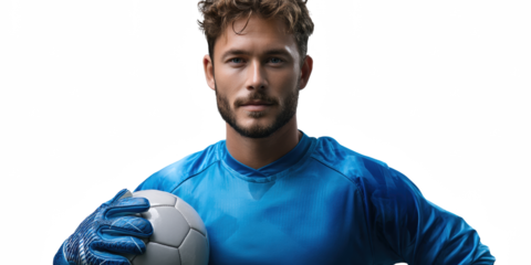 Goalkeeper Portrait: A determined goalkeeper with a serious expression confidently holds a soccer ball. His blue uniform and gloves suggest professionalism and readiness for the game.